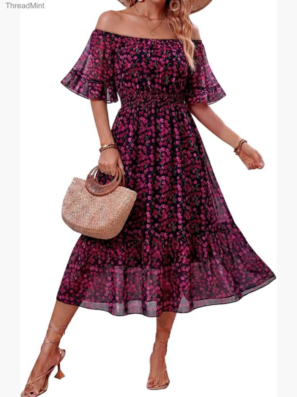 Off Shoulder Midi Dress Ruffle Sleeve Smocked Elastic Waist Flowy Summer Boho